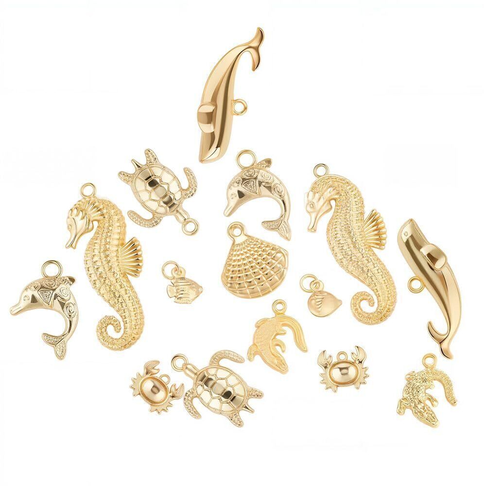 4939 1 Box 16Pcs 8 Styles Real 14K Gold Plated Charms Gold Sea Theme Animal